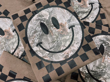 Load image into Gallery viewer, Camo Smiley Face Checkerboard Graphic Tee | Trendy Western Neutral Boutique Shirt