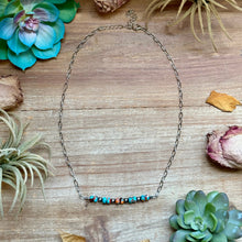 Load image into Gallery viewer, Mojave Turquoise, Spiny Oyster &amp; Sterling Silver Pearl Paperclip Necklace