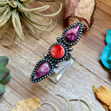 Load image into Gallery viewer, MJ Ring Three-Stone Purple &amp; Red Spiny Oyster Sterling Silver