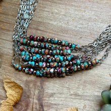 Load image into Gallery viewer, Mojave Turquoise, Spiny Oyster &amp; Sterling Silver Pearl Paperclip Necklace