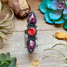 Load image into Gallery viewer, MJ Ring Three-Stone Purple &amp; Red Spiny Oyster Sterling Silver