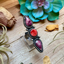 Load image into Gallery viewer, MJ Ring Three-Stone Purple &amp; Red Spiny Oyster Sterling Silver