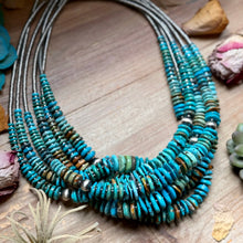 Load image into Gallery viewer, Tri-Color Turquoise Graduated Necklace with Hematite &amp; Sterling Silver Accents – 23”