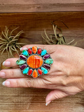 Load image into Gallery viewer, Adjustable Cluster Ring – Spiny Oyster &amp; Sonoran Gold by E. Richards, Native Made