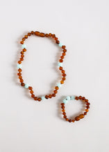 Load image into Gallery viewer, Raw Cognac Baltic Amber + Amazonite || Halo Necklace ||