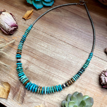 Load image into Gallery viewer, Tri-Color Turquoise Graduated Necklace with Hematite &amp; Sterling Silver Accents – 23”