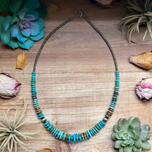 Load image into Gallery viewer, Tri-Color Turquoise Graduated Necklace with Hematite &amp; Sterling Silver Accents – 23”