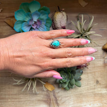 Load image into Gallery viewer, 126 - Sterling Silver Tyrone Turquoise Medicine Man Eye Stamped Stacking Ring by Jason Ogg