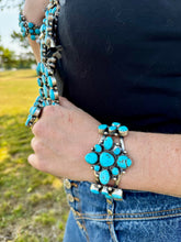 Load image into Gallery viewer, Complete Squash Blossom Set – Kingman Turquoise – Sterling Silver – Navajo Made by Wilson Dawes