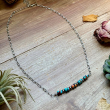 Load image into Gallery viewer, Mojave Turquoise, Spiny Oyster &amp; Sterling Silver Pearl Paperclip Necklace