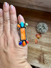 Load image into Gallery viewer, Long Ring- Size 5 - mix stone turquoise, spiny and sterling silver