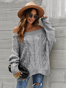 Cable Knit Openwork Off-Shoulder Sweater