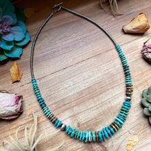 Load image into Gallery viewer, Tri-Color Turquoise Graduated Necklace with Hematite &amp; Sterling Silver Accents – 23”