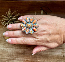 Load image into Gallery viewer, Mojave Spiny &amp; Turquoise Flower Adjustable Ring – Sterling Silver, Made in USA