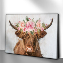 Load image into Gallery viewer, Highland Cow Floral Wreath Painting Canvas Wall Art
