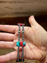Load image into Gallery viewer, Pink/turquoise Double Strand Necklace – 13” Beaded – Sterling Silver Pearls &amp; Rectangle Variscite