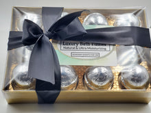 Load image into Gallery viewer, Designer Scents Bath Bomb Gift Set for Men with 12 foil-wrapped 2.5 oz bath bombs, ultra-moisturizing, great for dry skin, makes a nice gift