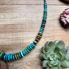 Load image into Gallery viewer, Tri-Color Turquoise Graduated Necklace with Hematite &amp; Sterling Silver Accents – 23”