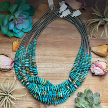 Load image into Gallery viewer, Tri-Color Turquoise Graduated Necklace with Hematite &amp; Sterling Silver Accents – 23”