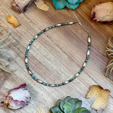 Load image into Gallery viewer, Blue-Green Turquoise Heishi &amp; Sterling Silver Torpedo Choker