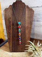 Load image into Gallery viewer, Sterling Silver Lariat Necklace – Native Made – Turquoise, Spiny, &amp; Lapis Charms – One of a Kind
