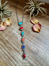 Load image into Gallery viewer, Sterling Silver Lariat Necklace – Native Made – Turquoise, Spiny, &amp; Lapis Charms – One of a Kind