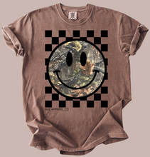 Load image into Gallery viewer, Camo Smiley Face Checkerboard Graphic Tee | Trendy Western Neutral Boutique Shirt