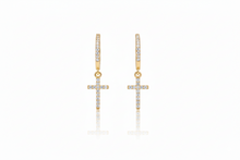 Load image into Gallery viewer, Cross Huggie Hoop Earrings with Dazzling CZ Diamonds