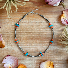 Load image into Gallery viewer, Sterling Silver Pearl Necklace with Orange Spiny Oyster &amp; Sleeping Beauty Turquoise Chips – 14.5”