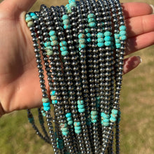 Load image into Gallery viewer, Sterling Silver Pearl Necklace with Turquoise &amp; Variscite Rondelles – 19.5”