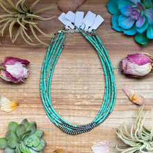 Load image into Gallery viewer, 3 mm Sterling Silver Pearls choker with magnesite green turquoise heishi - western jewelry