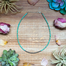 Load image into Gallery viewer, 3 mm Sterling Silver Pearls choker with magnesite green turquoise heishi - western jewelry