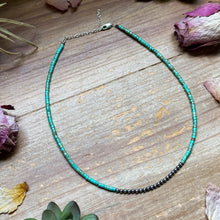Load image into Gallery viewer, 3 mm Sterling Silver Pearls choker with magnesite green turquoise heishi - western jewelry