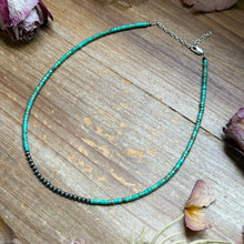 Load image into Gallery viewer, 3 mm Sterling Silver Pearls choker with magnesite green turquoise heishi - western jewelry