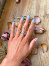 Load image into Gallery viewer, Sterling Silver Hand-Milled Wide Band Aloe Stamped Ring – Size 8.5 – Handmade by Artist Jason Ogg