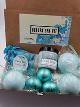 Load image into Gallery viewer, Spa Pure Luxury Spa Kit - Pure Bliss - 3 XL Pure Bliss Bath Fizzies, 3 Pure Bliss shower steamers, 3 Heart-shaped soaps, one 3.5 oz Pure Bliss whipped soap scrub, 1 Roll-on Perfume, Perfect for a mini-spa treatment.