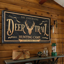 Load image into Gallery viewer, Personalized Deer Trail Hunting Camp Sign