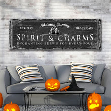 Load image into Gallery viewer, Black Cat’s Spirits &amp; Charms Bar Halloween Sign