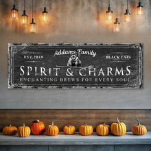 Load image into Gallery viewer, Black Cat’s Spirits &amp; Charms Bar Halloween Sign