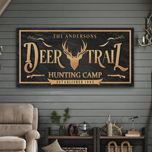 Load image into Gallery viewer, Personalized Deer Trail Hunting Camp Sign