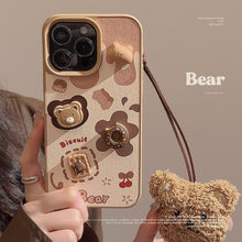 Load image into Gallery viewer, Three-dimensional biscuit bear apple 16 mobile phone case 17promax leather 13 for iPhone15 cute lanyard 12 hard