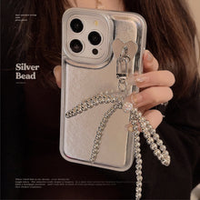 Load image into Gallery viewer, Silver leather for Apple 16 mobile phone case iPhone17promax electroplated bow pendant 11 temperament 13
