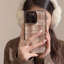 Load image into Gallery viewer, Maillard brown plaid iPhone16 mobile phone case Apple 17 Pro leather 11 suitable for 13 generations 12 autumn and winter max