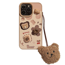 Load image into Gallery viewer, Three-dimensional biscuit bear apple 16 mobile phone case 17promax leather 13 for iPhone15 cute lanyard 12 hard