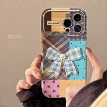 Load image into Gallery viewer, Applicable to iphone16 iPhone case 17promax color plaid splicing 15 three-dimensional bow 13 leather