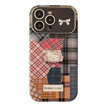 Load image into Gallery viewer, Retro plaid splicing cat 14 for 15promax mobile phone case Apple iphone16 three-dimensional 17 leather 13