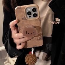 Load image into Gallery viewer, ins leather brown dog for iphone16 iphone case 14pro max retro bracket 15 pom-pom 17