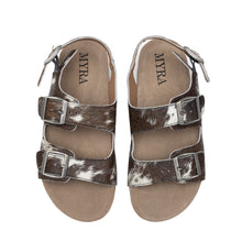 Load image into Gallery viewer, Mountain Path Leather Sandals In Dark &amp; Light Hair-On Hide