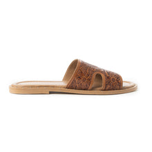 Load image into Gallery viewer, Myra Carmina Anne Tan Embossed Leather Slip-On Sandals for Women â€“ Western H-Cut Slides with Studded Trim
