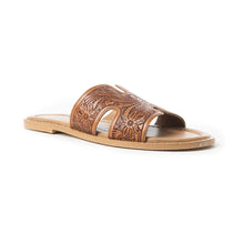Load image into Gallery viewer, Myra Carmina Anne Tan Embossed Leather Slip-On Sandals for Women â€“ Western H-Cut Slides with Studded Trim